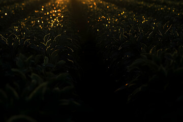 Wall Mural - Sunrise over rows of plants, sunlight illuminating leaves.