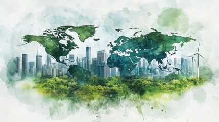 Leinwandbilder - A vibrant representation of a green world map blending modern city skyscrapers and renewable energy elements.