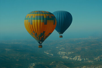 Wall Mural - Two hot air balloons soar over scenic landscape.