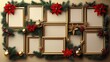 © Vadym - Christmas photo frames arranged in collage style. Gold frames with decorative Christmas elements like fir branches red poinsettias, golden baubles. Empty frames ready for custom photo insertions.