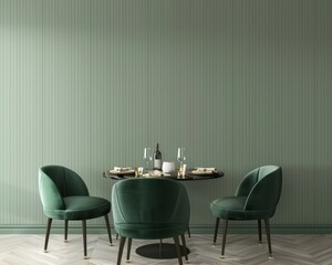 Wall Mural - A modern dining room with a round table. four green velvet chairs. a green wall with vertical lines. and a chevron-patterned hardwood floor