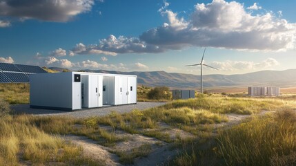 Aufkleber - A showcase of renewable energy technology featuring wind turbines and solar panels under a clear sky.