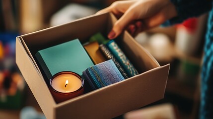 A close-up view of a gift box being opened by someone, showing a collection of colorful items, such as a candle and a notebook, arranged neatly inside 