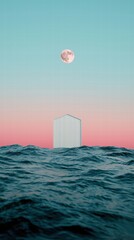 Wall Mural - surreal view of a house on waves at dusk