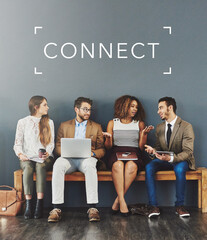 Aufkleber - Business people, tech and waiting room in office with ux designer, workplace and campaign. Connect, word and diversity of staff with responsive design and teamwork and social media connection