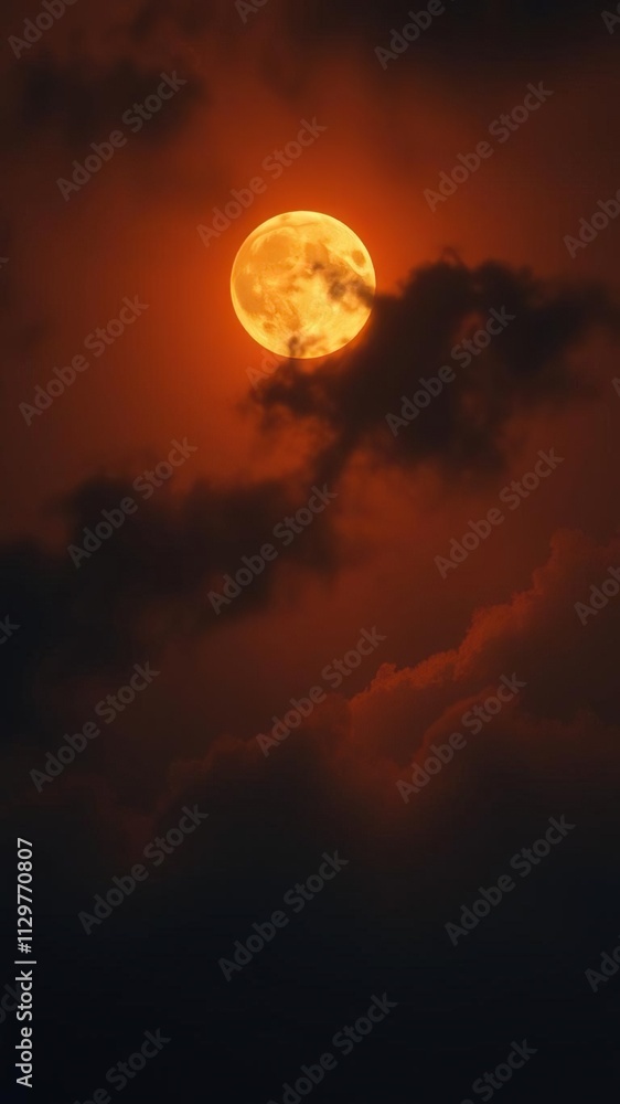 A full moon hanging low in a dark and foreboding sky with clouds ...