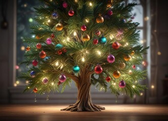 A lush green tree branches out with an abundance of colorful ornaments and sparkling lights, shimmering lights, lively decorations, lush foliage