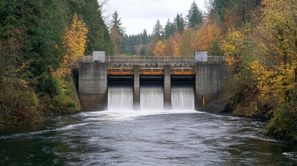 Aufkleber - A hydroelectric dam harnesses energy from flowing water, surrounded by lush trees displaying autumn colors.