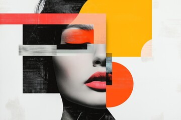 Abstract graphic design poster features woman face in collage layout. Bold colors, shapes create vibrant, imaginative aesthetic. Modern art piece suitable for fashion magazines, interior design