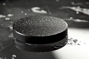 Aufkleber - Close-up of a black, textured disc with water droplets on a reflective surface.