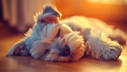 Wall Mural - Adorable small dog peacefully sleeping on hardwood floor in warm sunlight.