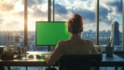Poster - Woman working at desk with green screen computer, overlooking city skyline at sunset.