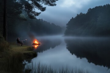 Poster - Solitary figure enjoying a campfire by a tranquil lake at dusk, shrouded in mist.