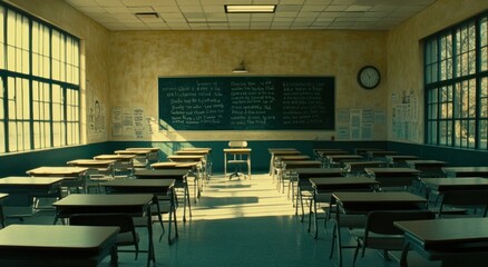 Poster - Empty classroom with desks, chalkboard, and sunlight.