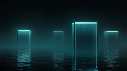 Poster - Glowing teal glass cubes reflect in dark water.