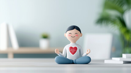 Heart attack awareness concept. serene illustration of person meditating with heart symbol on their shirt, sitting cross legged in peaceful room.