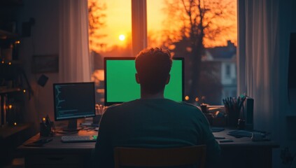 Aufkleber - Man working at computer during sunset.