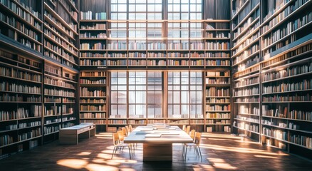 Aufkleber - Sunlit library interior with bookshelves and table.