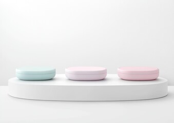 Leinwandbilder - Three pastel-colored oval containers on a white platform against a white background.