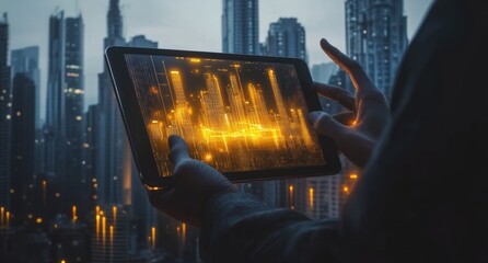 Poster - Person analyzing data on tablet against city skyline.