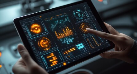 Poster - Hands using a tablet displaying data analytics.