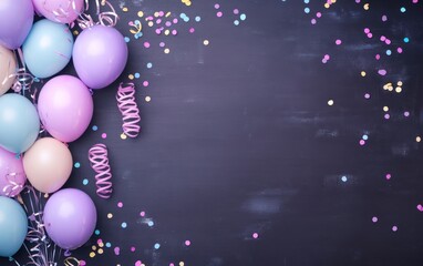 Poster - Pastel balloons and confetti on dark background. (2)