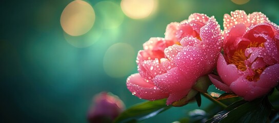 Fototapete - Dew-kissed pink peonies in soft-focus garden.