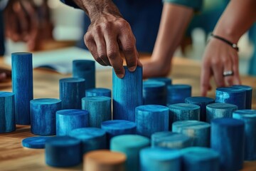 Poster - Close-up of hands arranging blue wooden cylinders on a table.