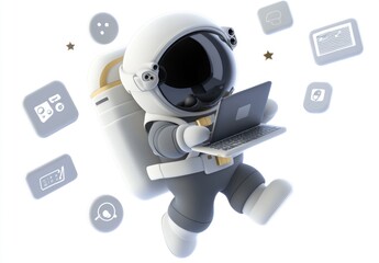 Poster - Astronaut floating in space, working on laptop with digital icons.