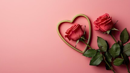 Poster - Beautiful red roses in a heart frame on a soft pink background.