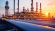 © Jiraporn - Modern oil refinery at sunset with pipes leading to the facility, showcasing energy production.