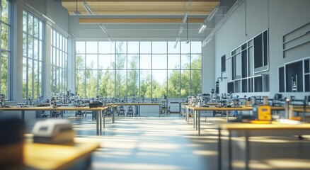 Poster - Bright, spacious lab with large windows, showcasing various scientific equipment on wooden tables.