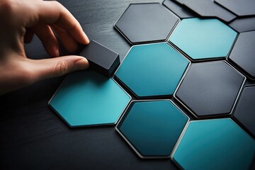 Poster - Hand placing black hexagon tile into teal honeycomb pattern.