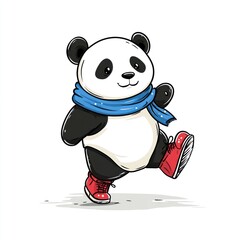 Wall Mural - Cute cartoon panda wearing red boots and a blue scarf, walking happily.