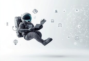 Poster - Astronaut floating in space, reading a book, surrounded by digital icons representing knowledge and connection.