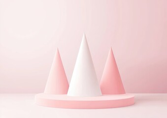 Poster - Three pastel pink and white cones on a pink platform against a pink background.