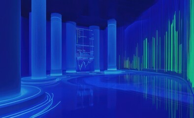 Wall Mural - Futuristic blue room with glowing columns and data visualizations on screens.