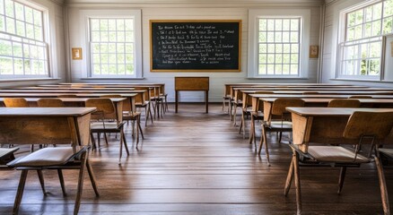 Poster - Empty classroom with wooden desks, chairs, and chalkboard.