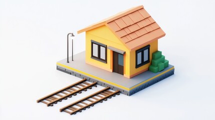 Poster - Low-poly 3D model of a small yellow house next to train tracks.