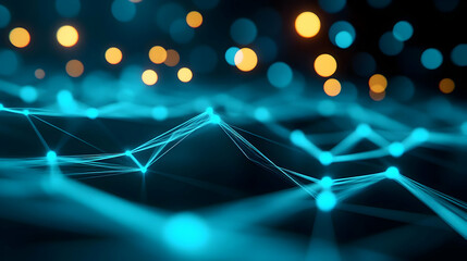 Abstract futuristic network with glowing blue lines and bokeh lights, representing connectivity and innovation.
