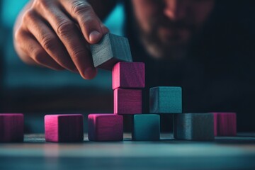 Poster - Man building a tower with colorful wooden blocks.