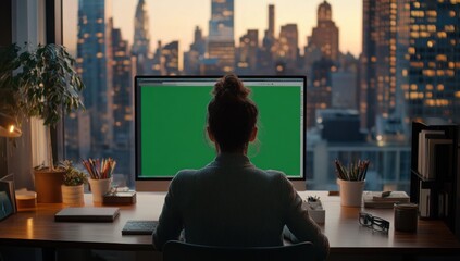 Poster - Woman working at desk with green screen monitor, city view.