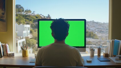 Poster - Man sits at desk facing green screen computer, city view from window.