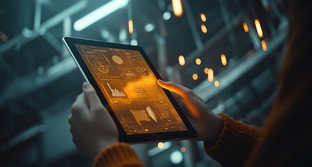 Fototapete - Person using tablet displaying data charts and graphs.