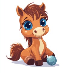 Wall Mural - Cute cartoon brown foal with big blue eyes sitting and playing with a ball.