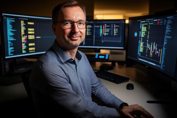 Aufkleber - Smiling man sits at desk with multiple computer monitors displaying data and code.
