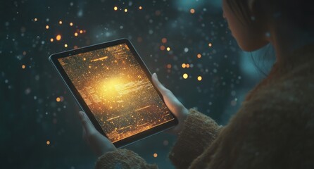 Woman using tablet with glowing screen, winter night.