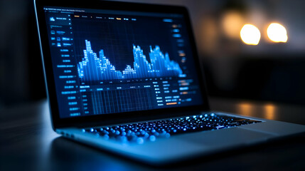 A modern laptop displaying financial data and analytics in a dark environment, emphasizing technology and innovation.