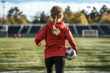 Wall Mural - Girl runs towards soccer field carrying ball.