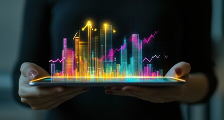Poster - Woman holding tablet showing vibrant city skyline with growth charts.